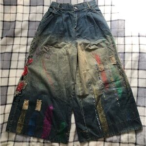 Levi and Fiona wide legged jeans with floral embroidery and abstract design